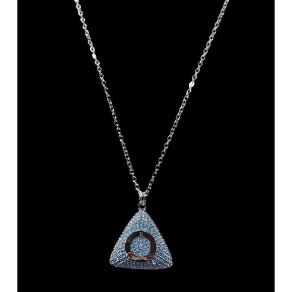 Blue And Silver Tone Pave Stone Triangle Pendant Necklace - Picture 2 of 8